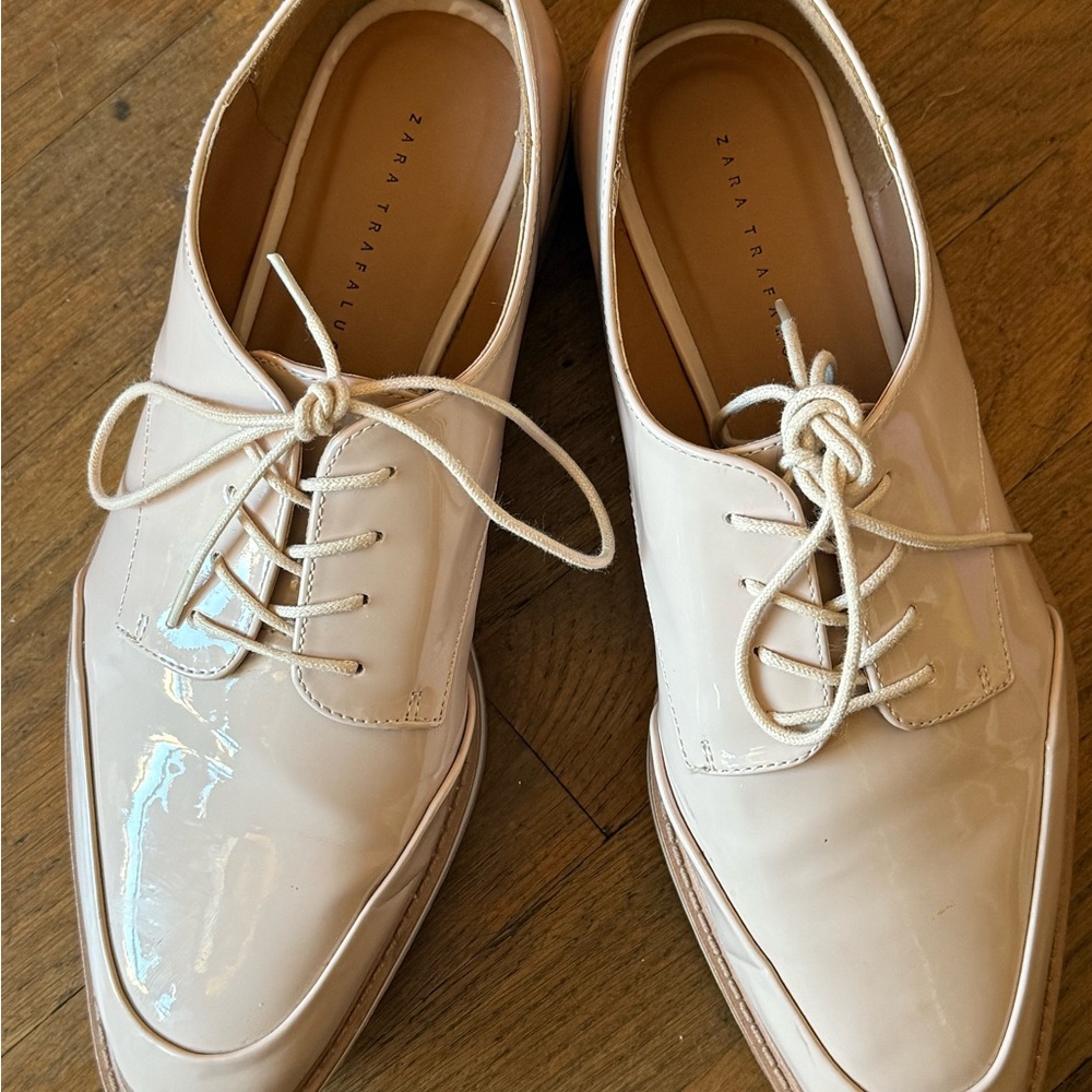 Zara Trafaluc Blush Patent Leather Lace-Up Platform Shoes